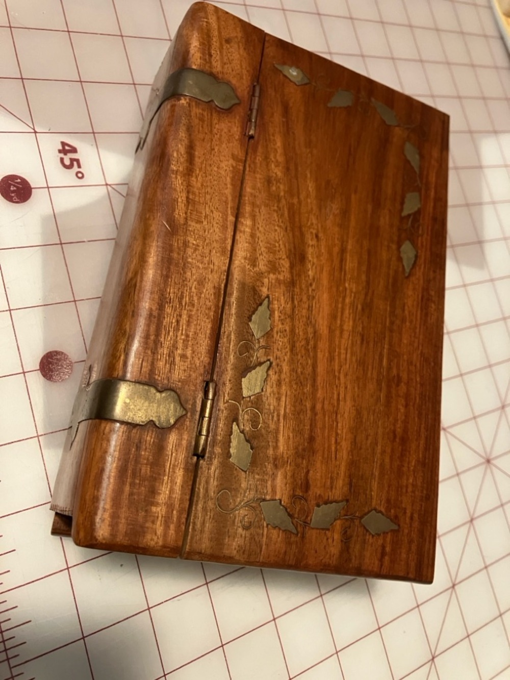 Vintage Decorative Wooden Book Shaped Box With Gold Metal Detailing